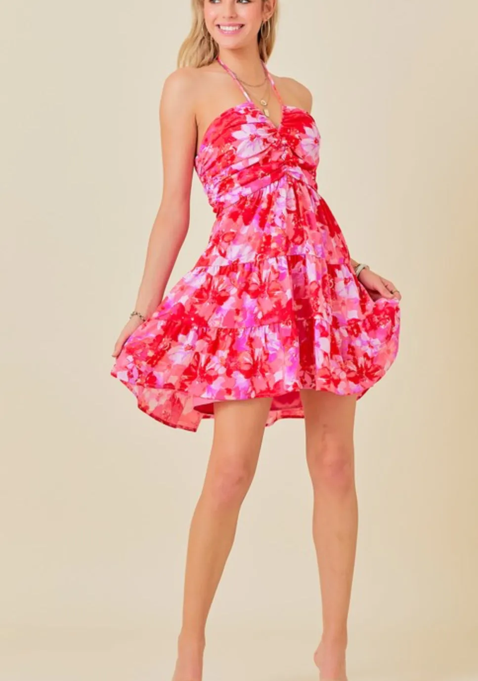 Pink floral pattern halter mini dress with self tie