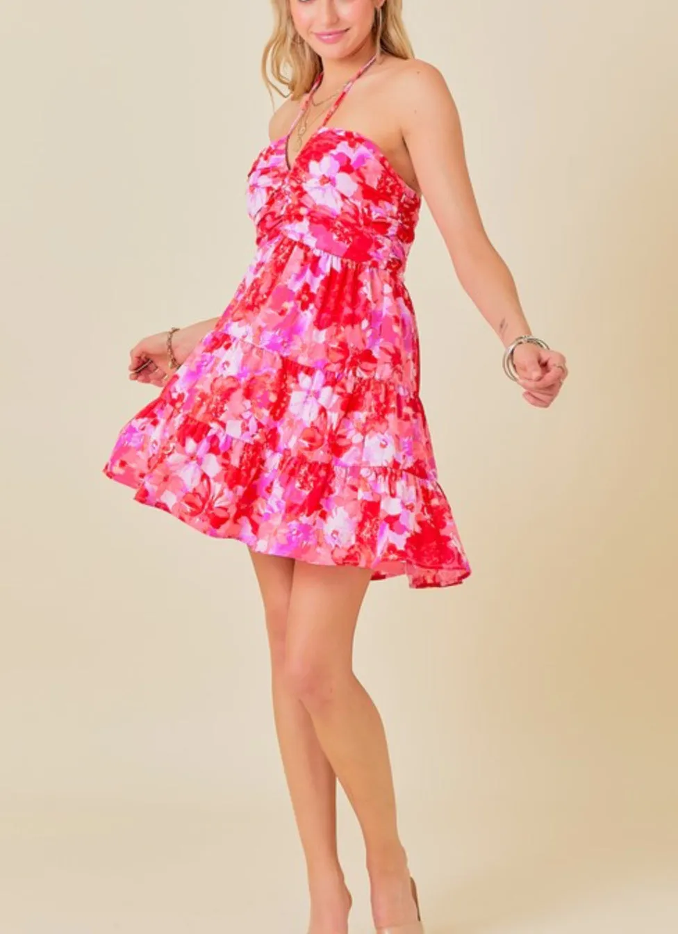 Pink floral pattern halter mini dress with self tie