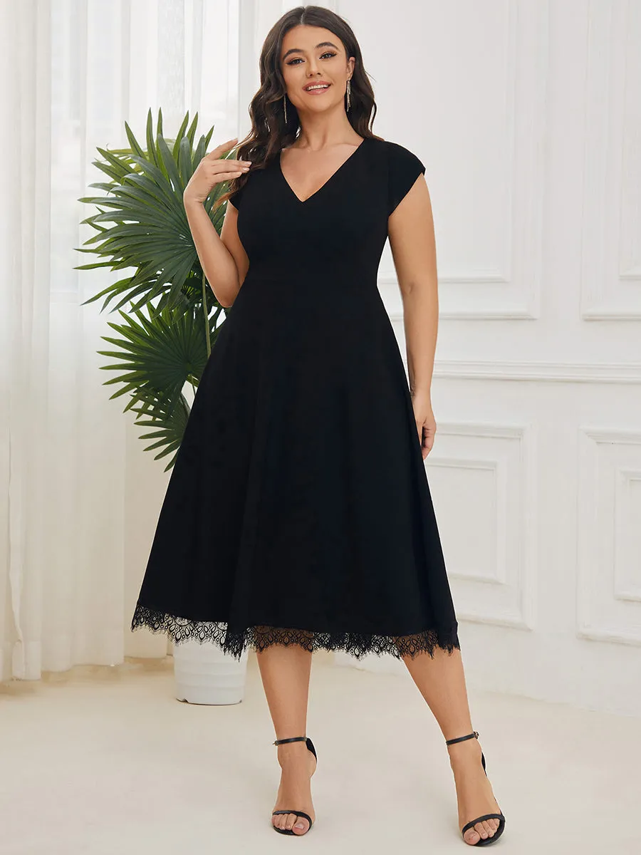 Plus Deep V Neck Cover Sleeves A Line Knee Length Wholesale Evening Dresses