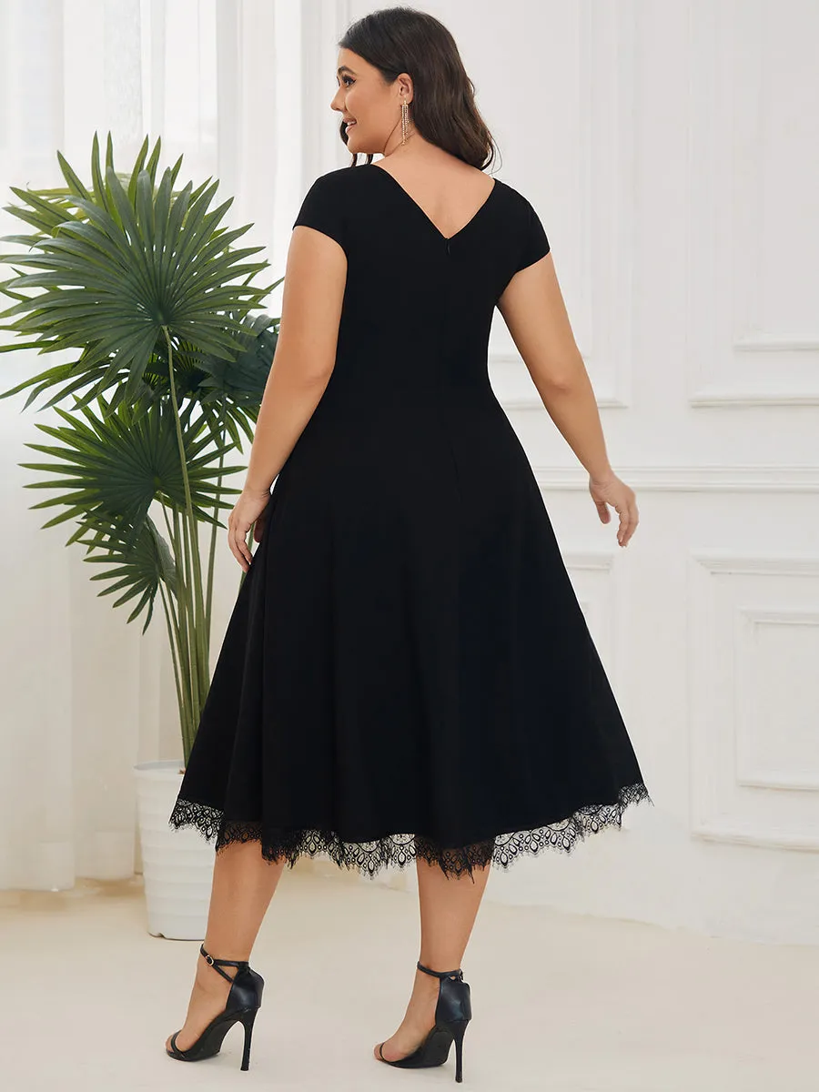 Plus Deep V Neck Cover Sleeves A Line Knee Length Wholesale Evening Dresses