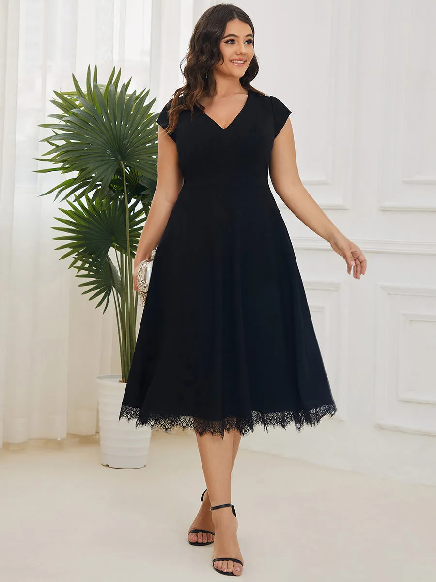 Plus Deep V Neck Cover Sleeves A Line Knee Length Wholesale Evening Dresses