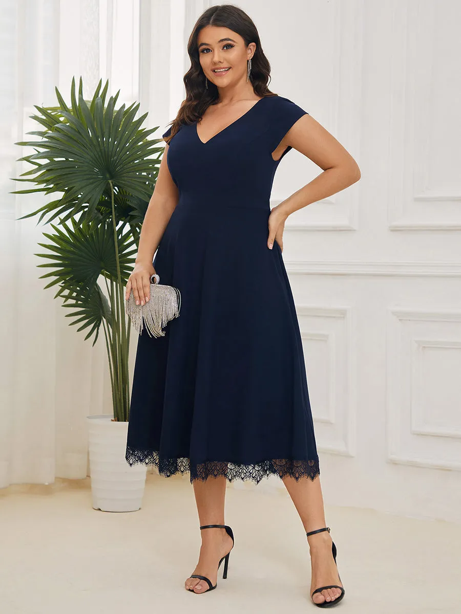 Plus Deep V Neck Cover Sleeves A Line Knee Length Wholesale Evening Dresses