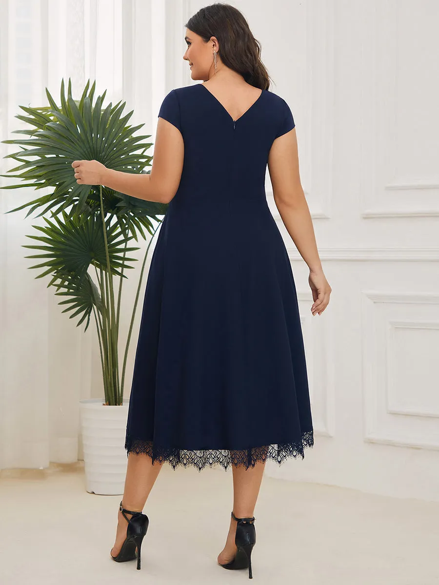 Plus Deep V Neck Cover Sleeves A Line Knee Length Wholesale Evening Dresses