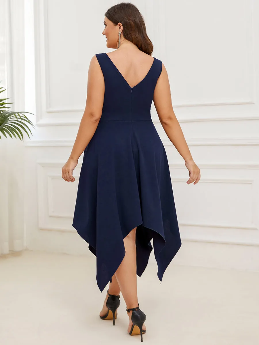 Plus Deep V Neck Sleeveless Wholesale Evening Dresses with Asymmetrical Hem