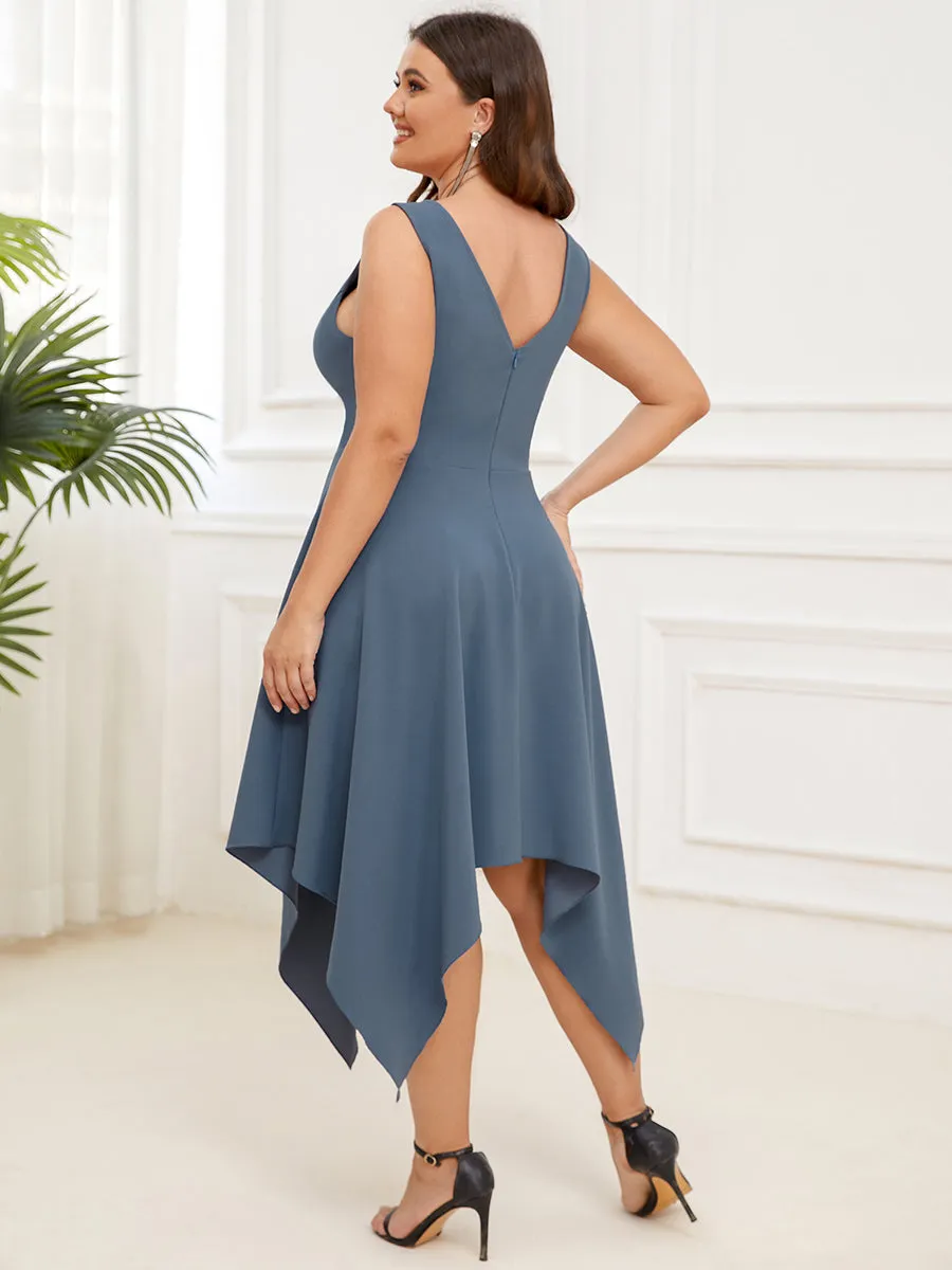 Plus Deep V Neck Sleeveless Wholesale Evening Dresses with Asymmetrical Hem