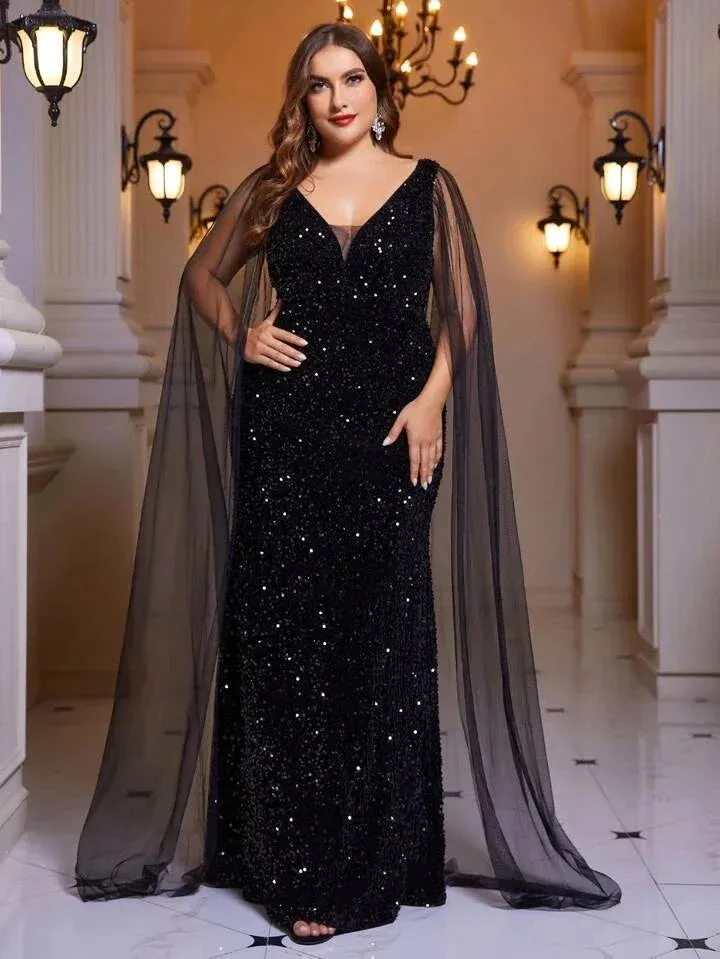 Plus Size A-Line Velvet Sequin Chiffon Shawl Long Evening Dress