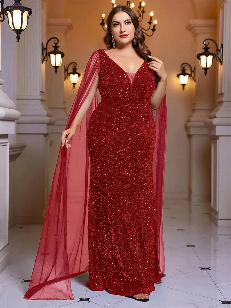 Plus Size A-Line Velvet Sequin Chiffon Shawl Long Evening Dress