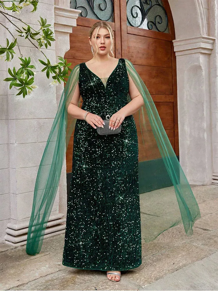 Plus Size A-Line Velvet Sequin Chiffon Shawl Long Evening Dress