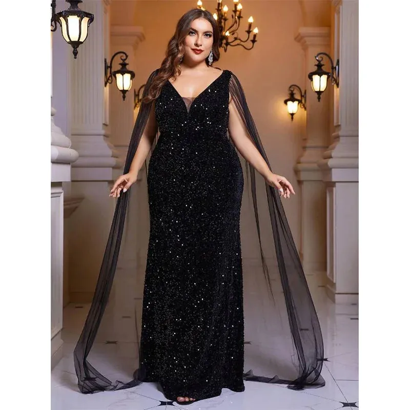 Plus Size A-Line Velvet Sequin Chiffon Shawl Long Evening Dress