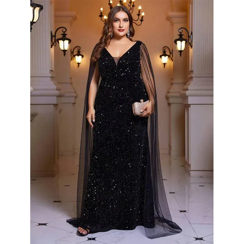 Plus Size A-Line Velvet Sequin Chiffon Shawl Long Evening Dress