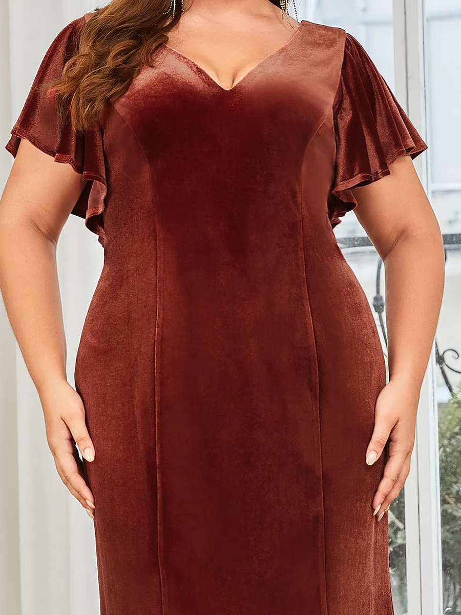 Plus Size Deep V Neck Fishtail Wholesale Evening Dresses with Ruffles Sleeves