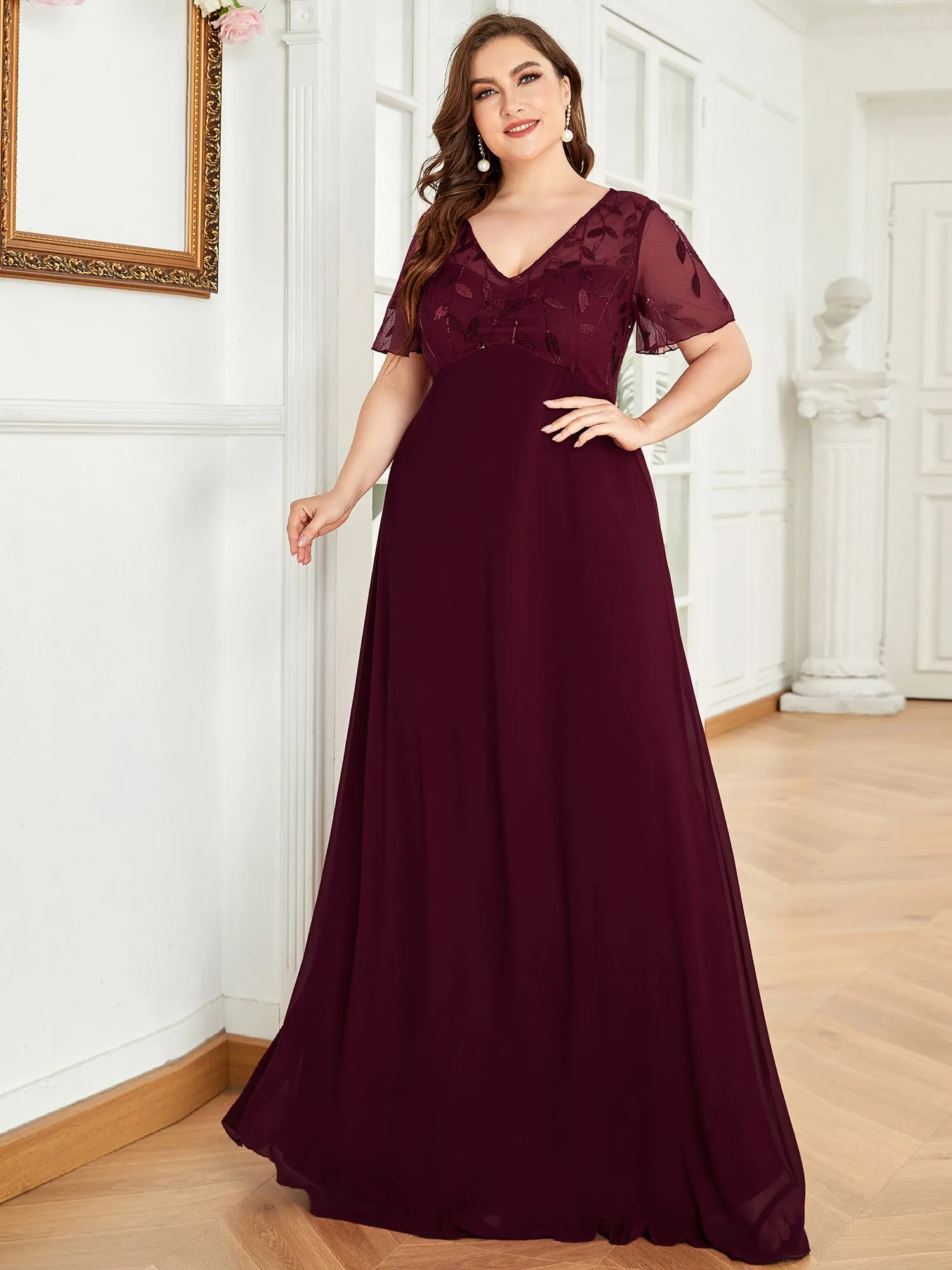 Plus Size Floral Sequin Wholesale Evening Dresses With Cap Sleeve