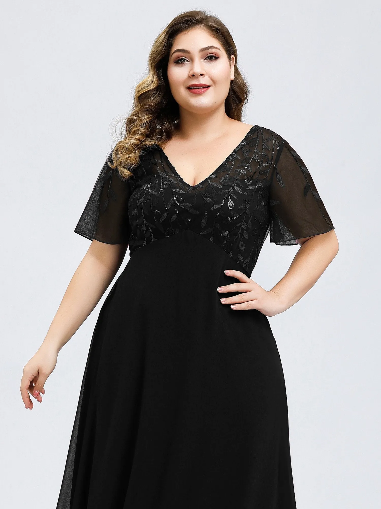 Plus Size Floral Sequin Wholesale Evening Dresses With Cap Sleeve