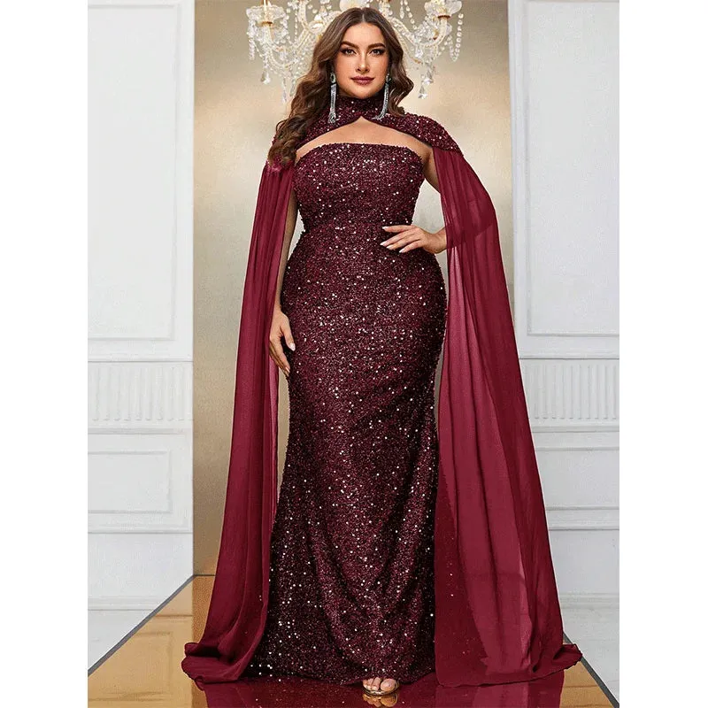 Plus Size Purple Strapless Sequin Long Evening Gown