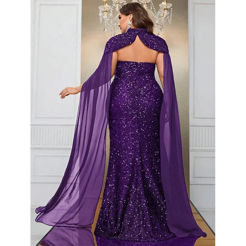 Plus Size Purple Strapless Sequin Long Evening Gown