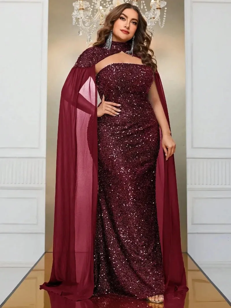 Plus Size Purple Strapless Sequin Long Evening Gown