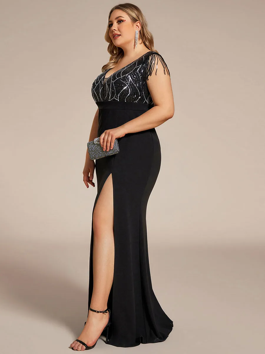 Plus Split Sequin Wholesale Evening Dresses With Tassel