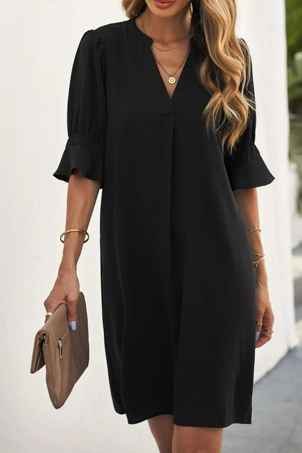 Puff Sleeve Notched Mini Shift Dress