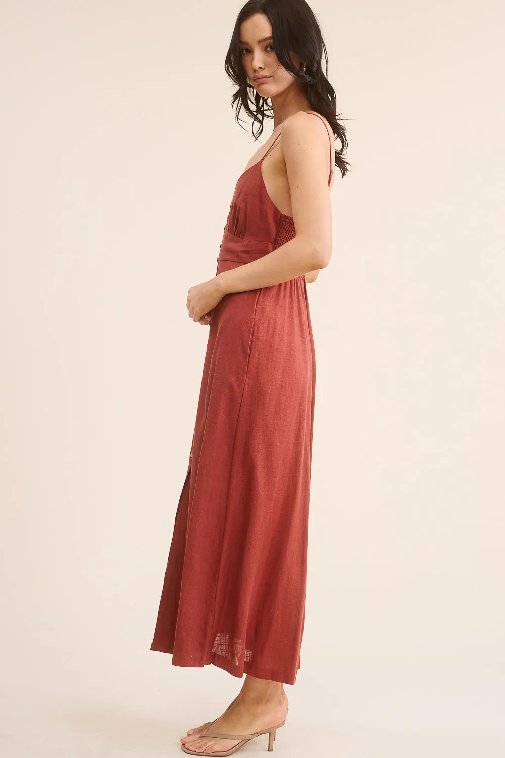 Red Button Front Maxi Dress