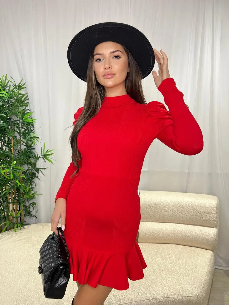 Red Knit Frill Dress