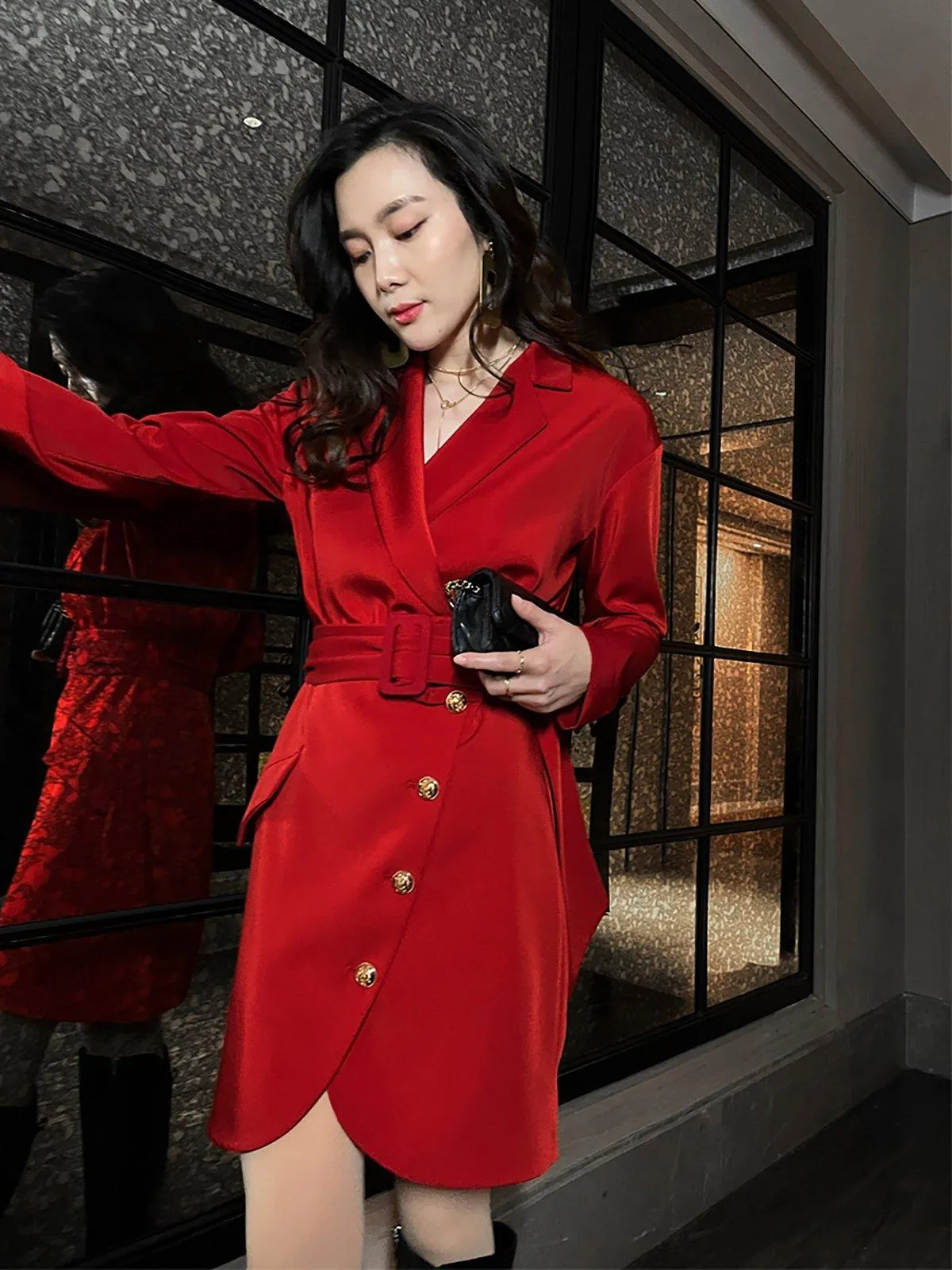 Red Long Sleeve Belted Blazer Sheath Dress