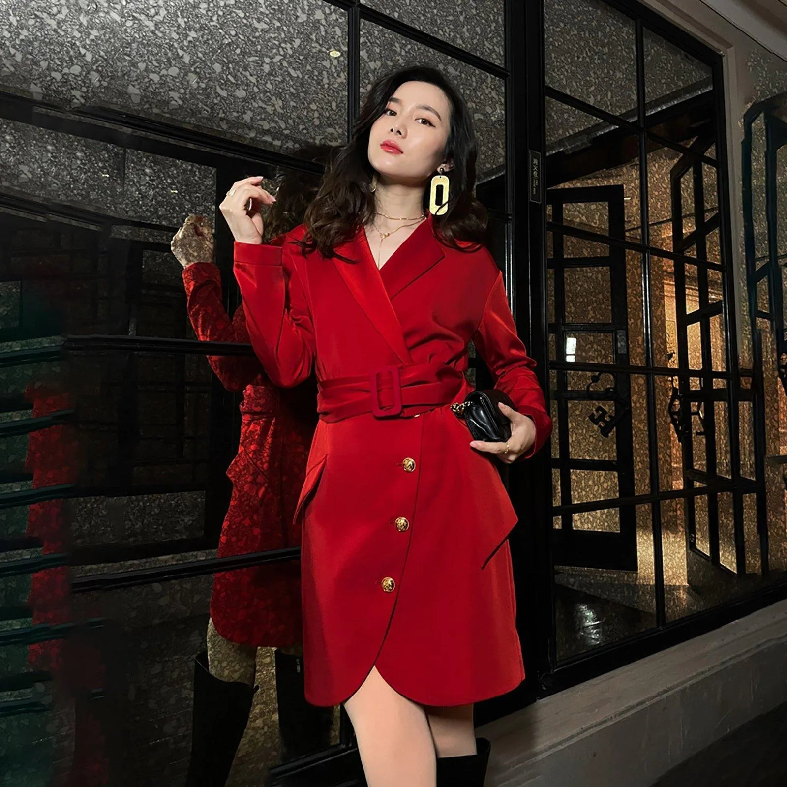 Red Long Sleeve Belted Blazer Sheath Dress