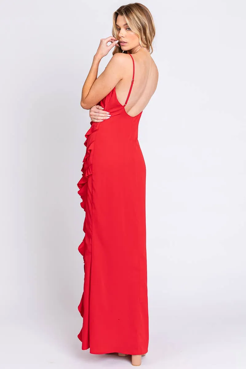 Red Spaghetti Strap Ruffle Maxi Dress