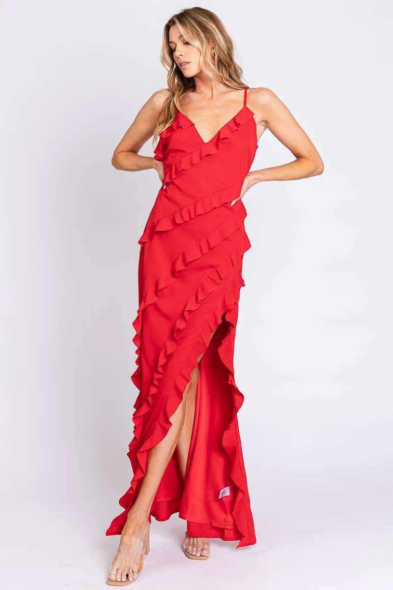 Red Spaghetti Strap Ruffle Maxi Dress