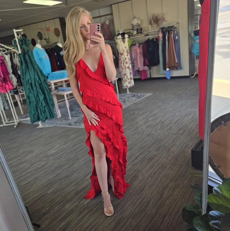 Red Spaghetti Strap Ruffle Maxi Dress