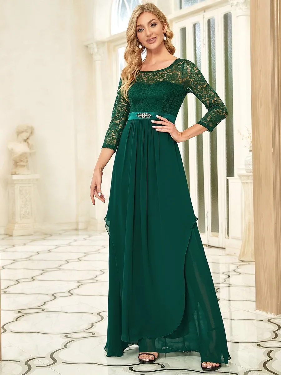 Round Neck Wholesale Chiffon Bridesmaid Dress With Long Lace Sleeves