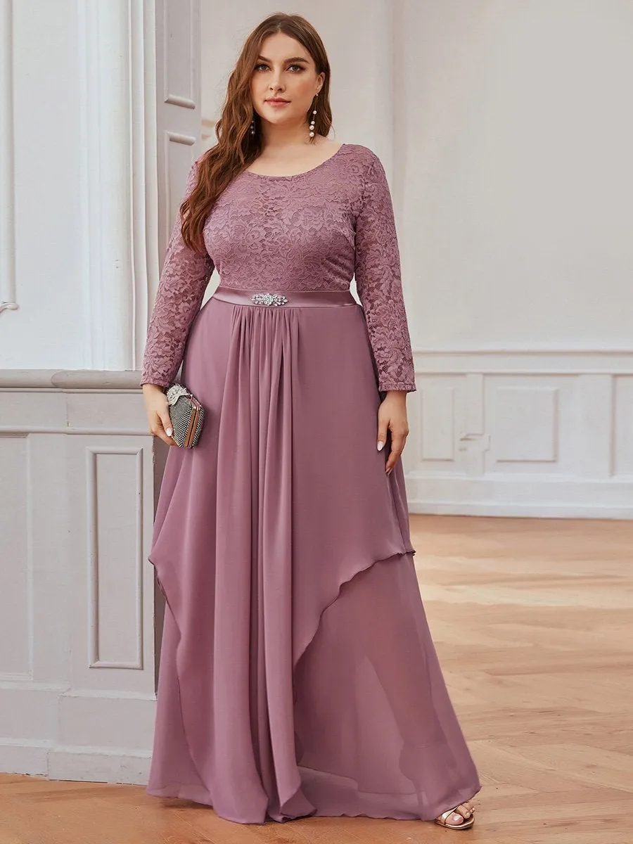 Round Neck Wholesale Chiffon Bridesmaid Dress With Long Lace Sleeves