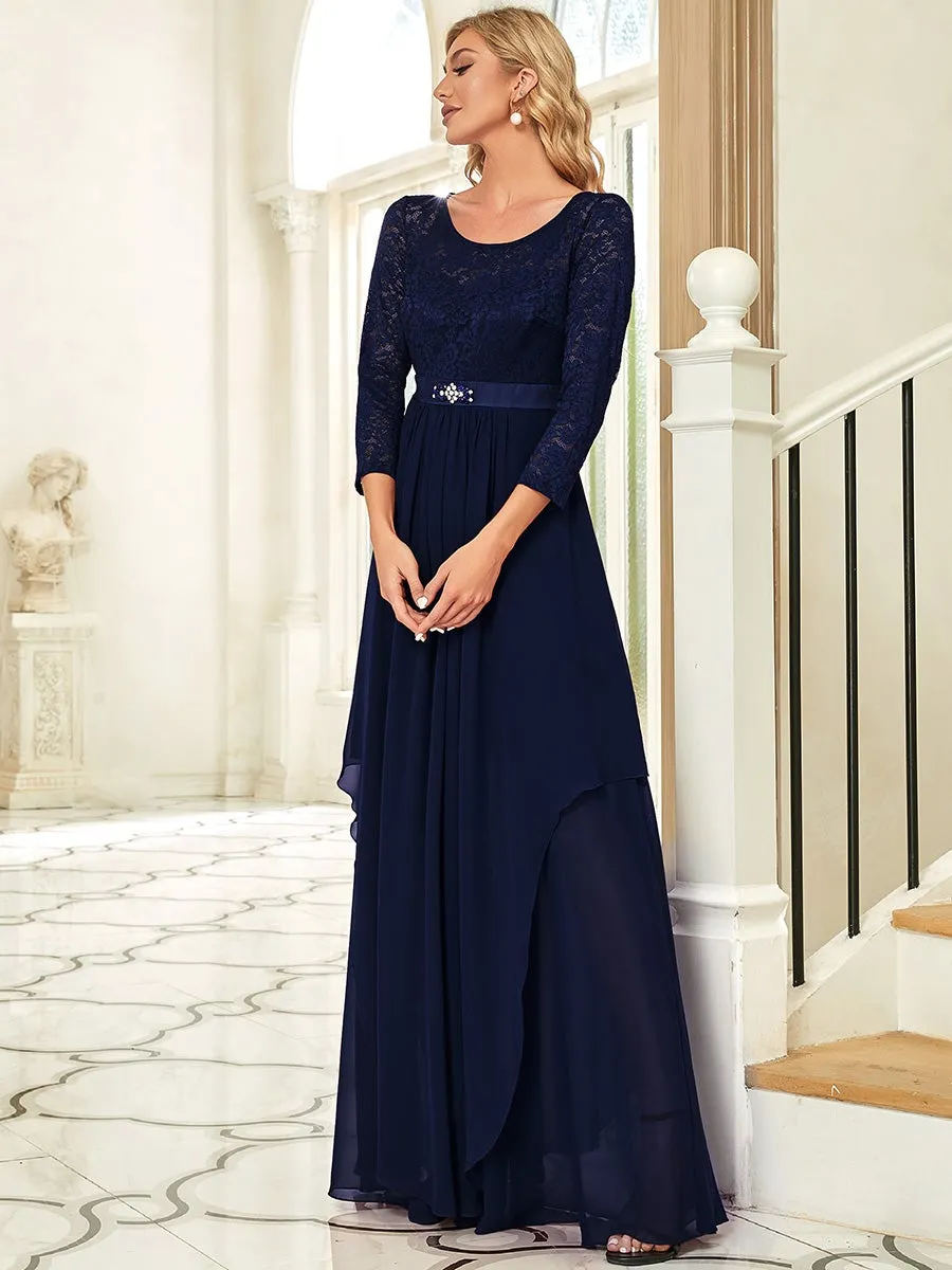 Round Neck Wholesale Chiffon Bridesmaid Dress With Long Lace Sleeves