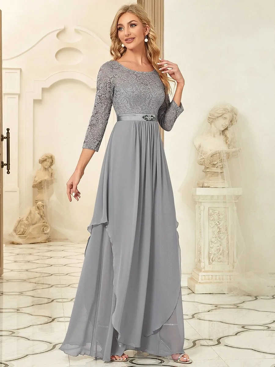 Round Neck Wholesale Chiffon Bridesmaid Dress With Long Lace Sleeves