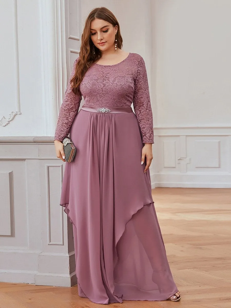 Round Neck Wholesale Chiffon Bridesmaid Dress With Long Lace Sleeves