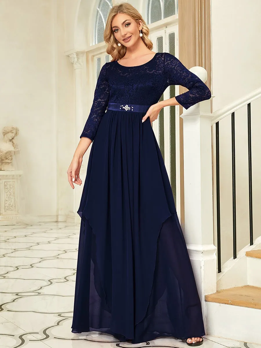 Round Neck Wholesale Chiffon Bridesmaid Dress With Long Lace Sleeves