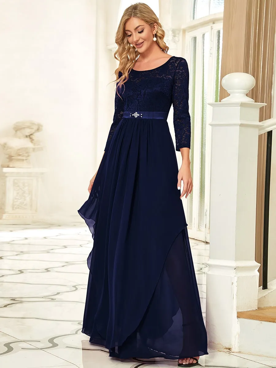 Round Neck Wholesale Chiffon Bridesmaid Dress With Long Lace Sleeves