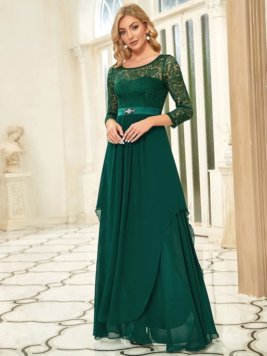 Round Neck Wholesale Chiffon Bridesmaid Dress With Long Lace Sleeves