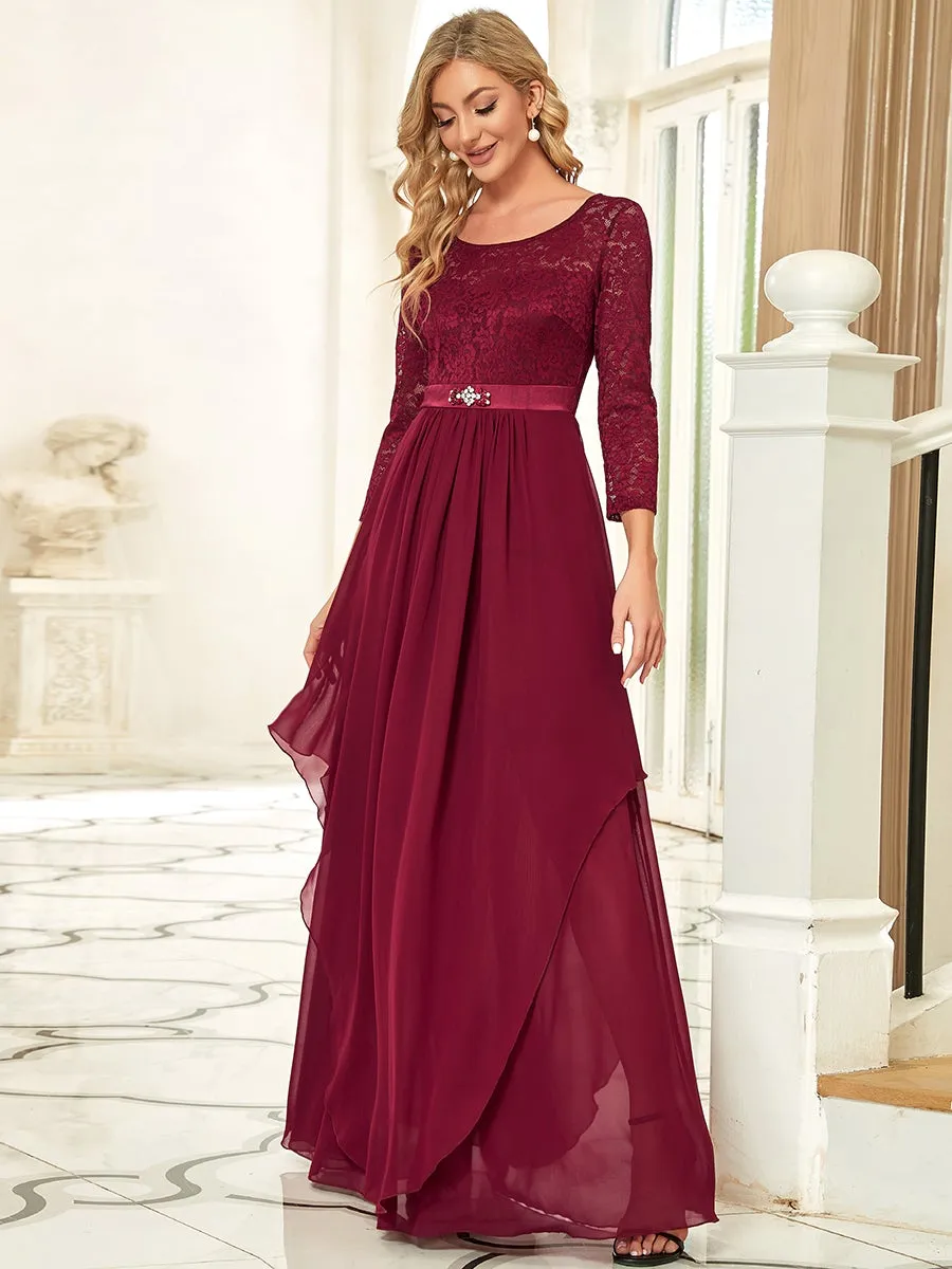 Round Neck Wholesale Chiffon Bridesmaid Dress With Long Lace Sleeves