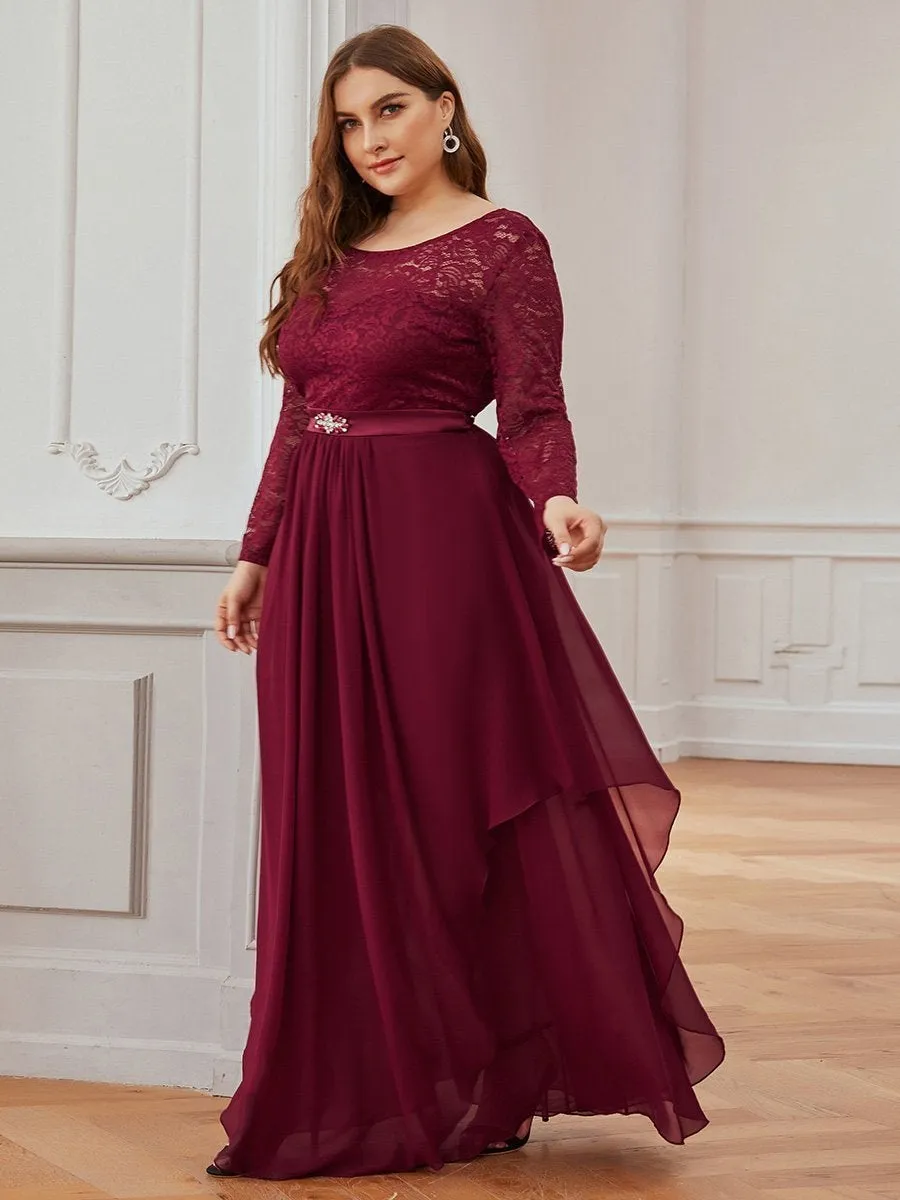 Round Neck Wholesale Chiffon Bridesmaid Dress With Long Lace Sleeves