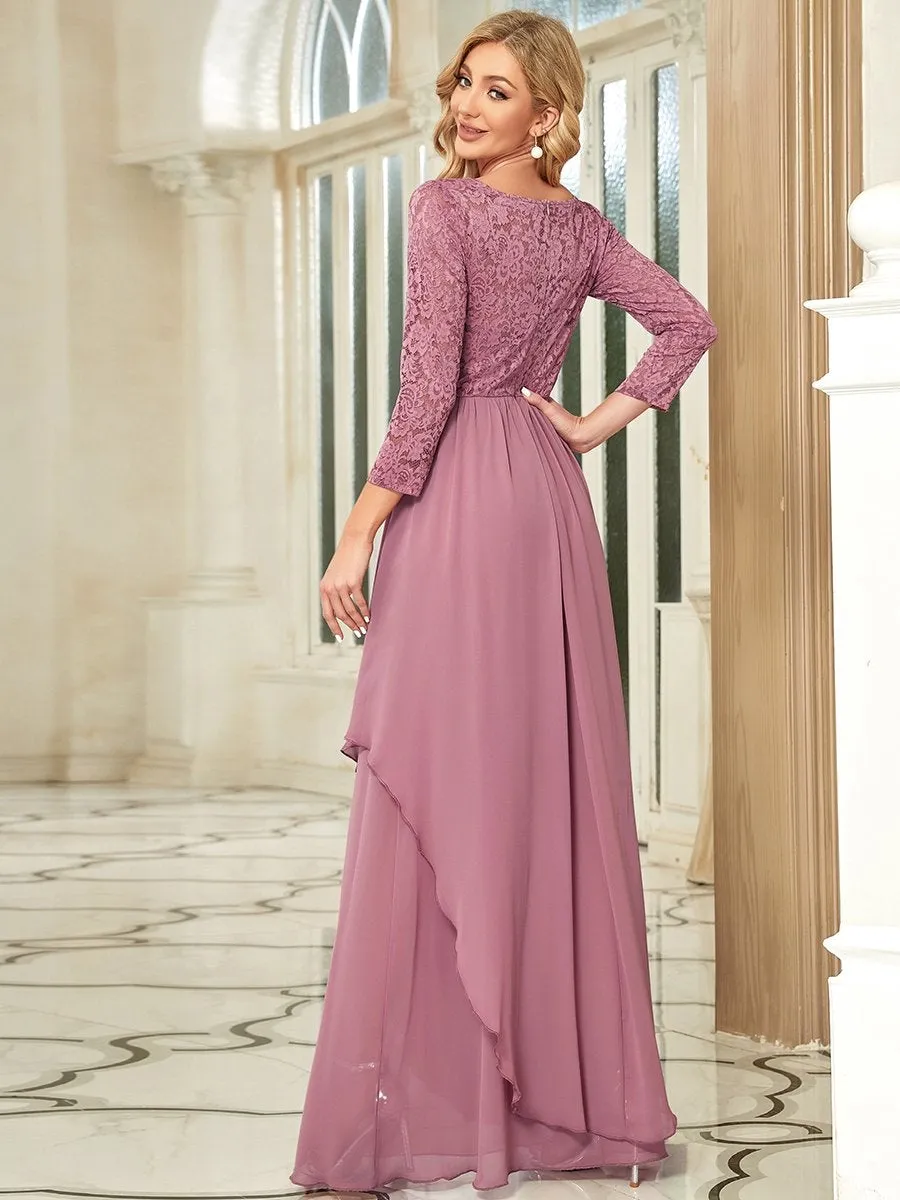 Round Neck Wholesale Chiffon Bridesmaid Dress With Long Lace Sleeves