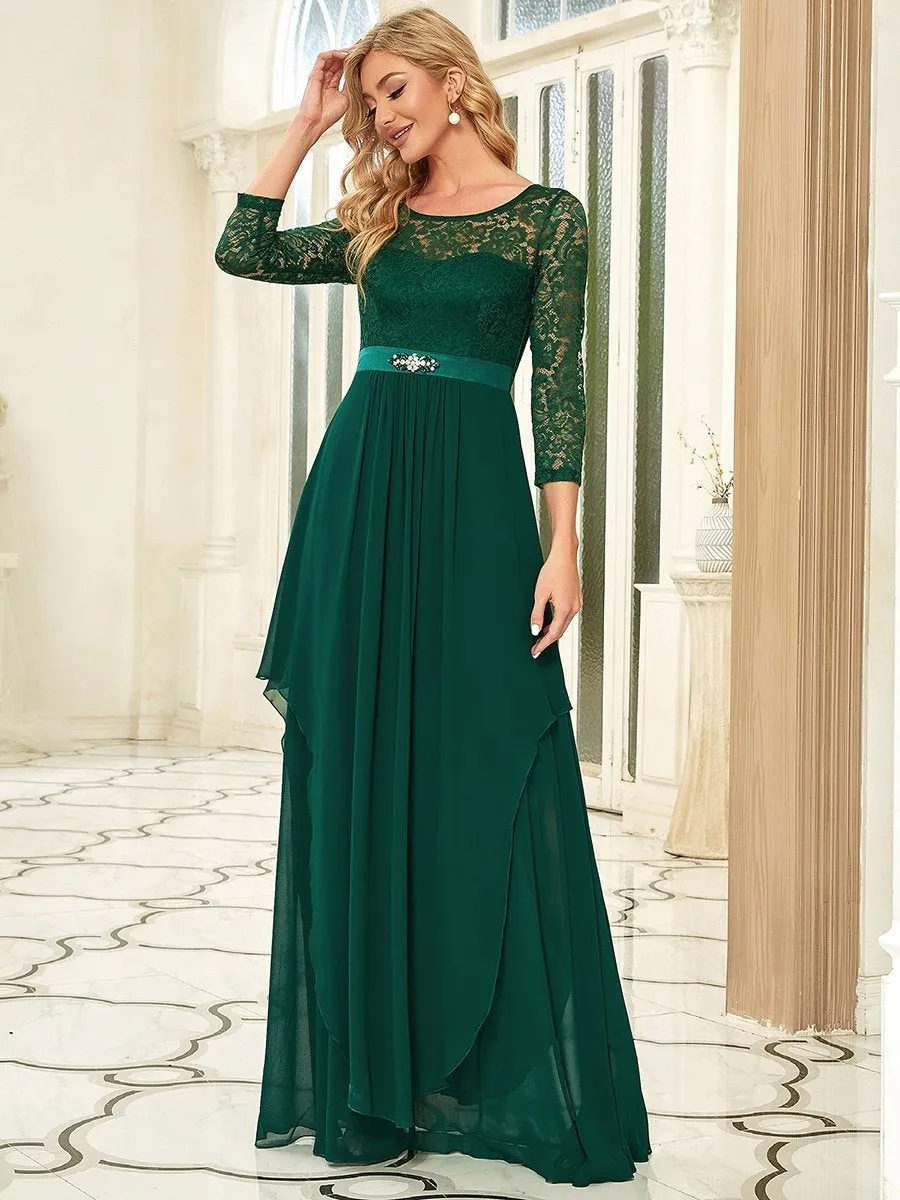 Round Neck Wholesale Chiffon Bridesmaid Dress With Long Lace Sleeves