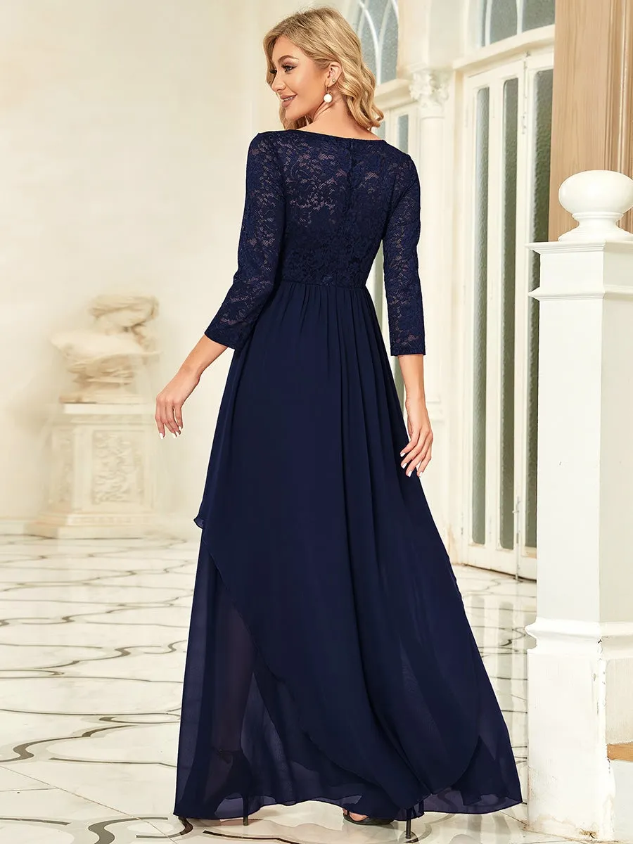 Round Neck Wholesale Chiffon Bridesmaid Dress With Long Lace Sleeves