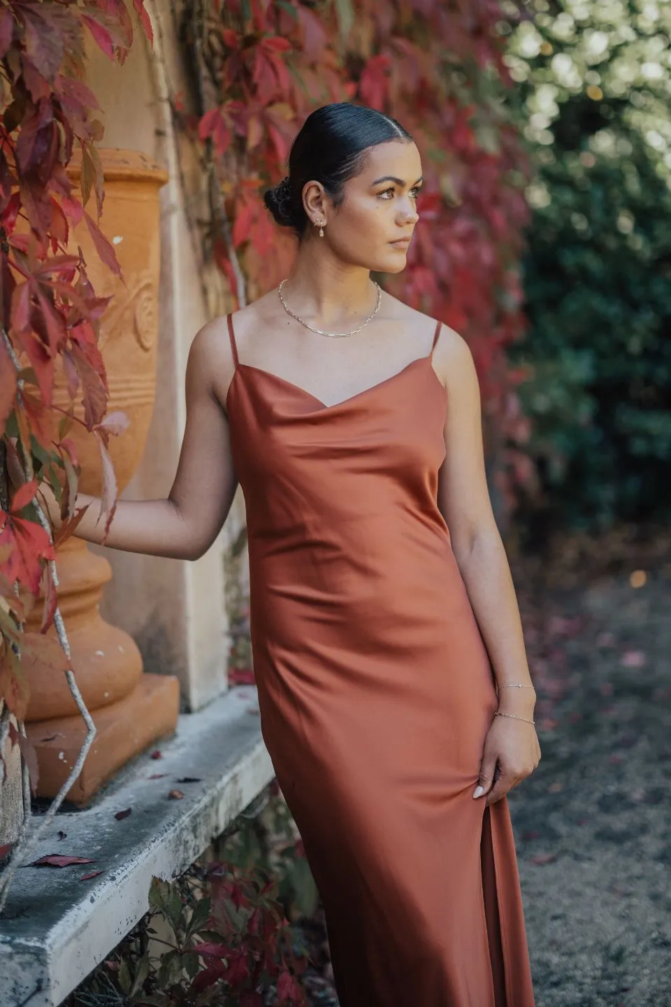 Show Stopper Copper Satin Strappy Bias Slip Dress