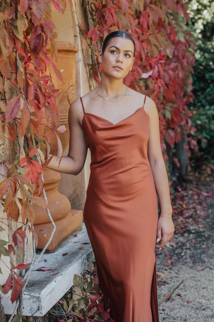 Show Stopper Copper Satin Strappy Bias Slip Dress