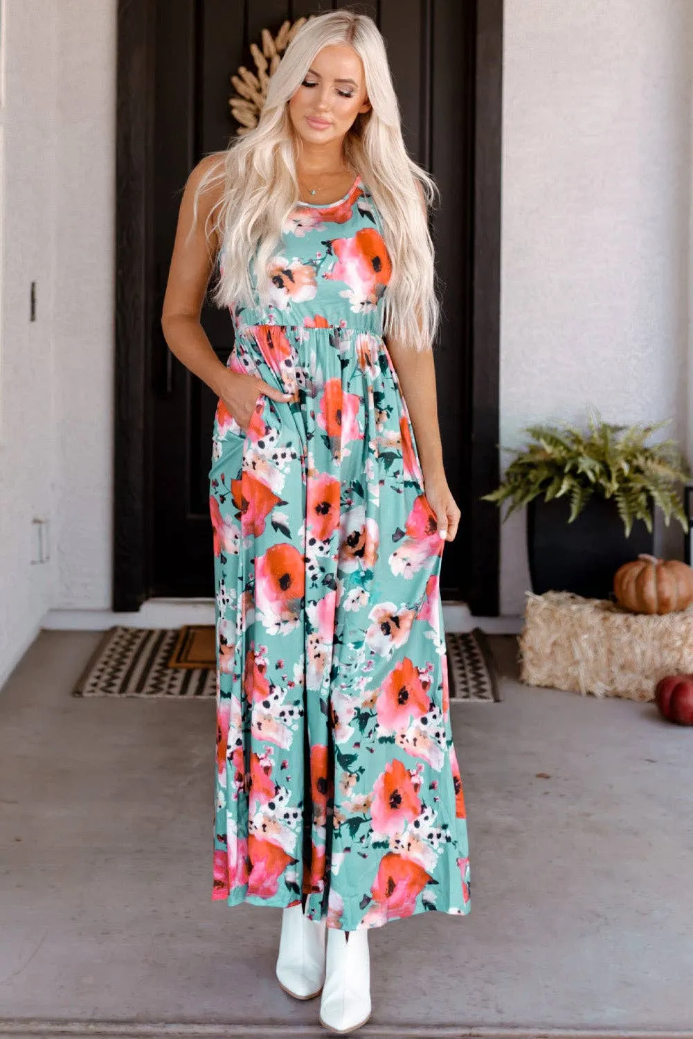 Sky Blue Boho Print Sleeveless High Waist Long Floral Dress