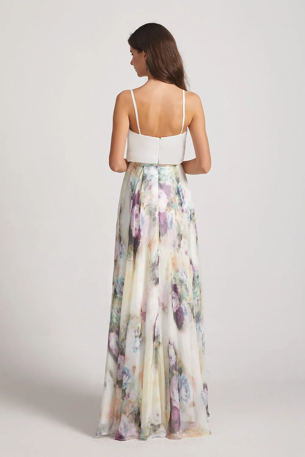 Spaghetti Straps Satin Top Floral Chiffon Maxi Dresses (AF0118)