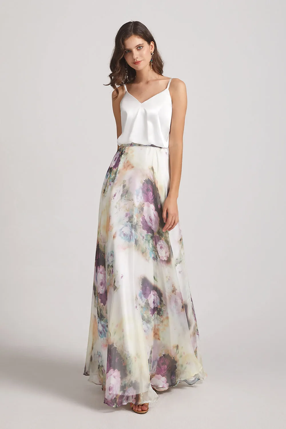 Spaghetti Straps Satin Top Floral Chiffon Maxi Dresses (AF0118)