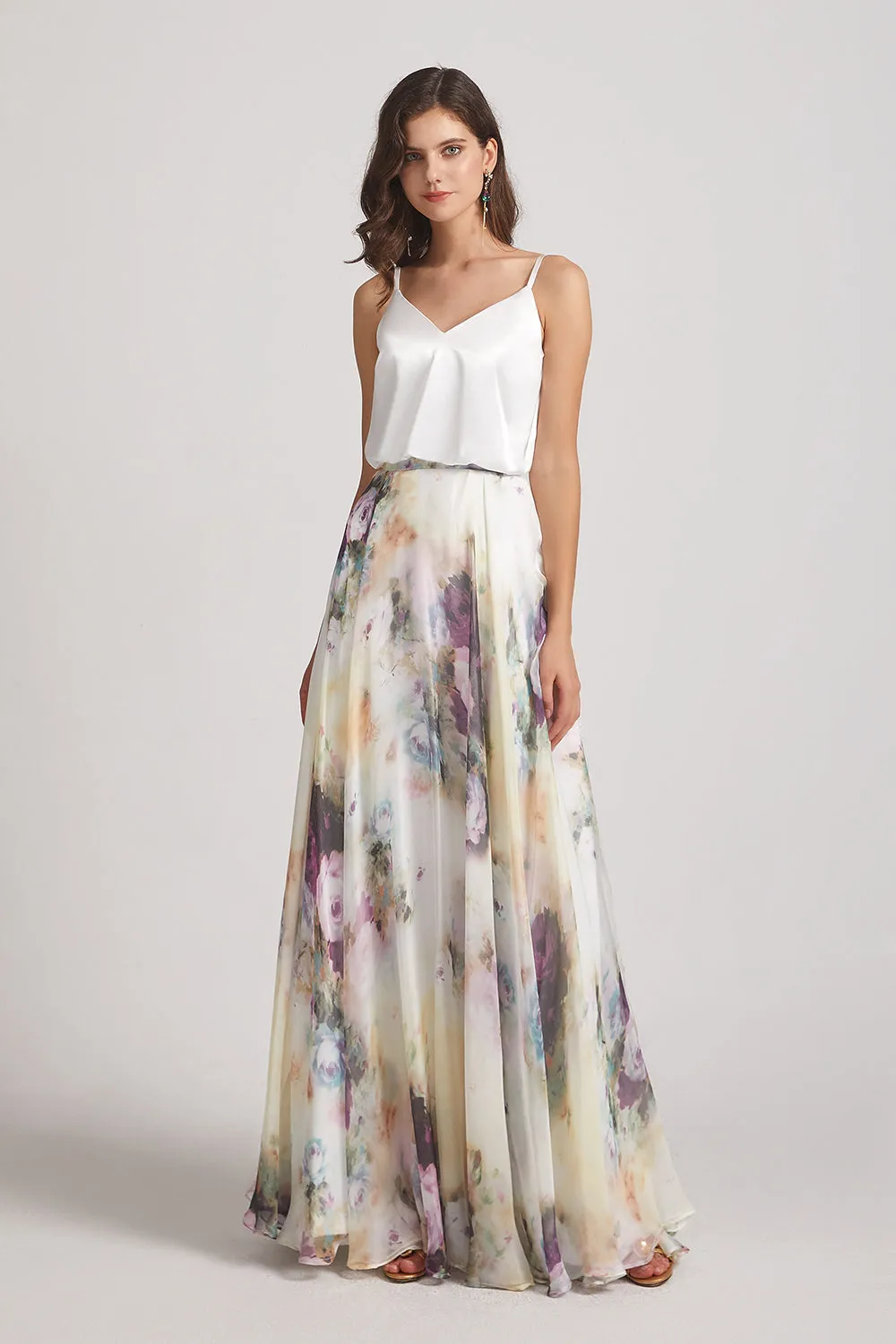 Spaghetti Straps Satin Top Floral Chiffon Maxi Dresses (AF0118)