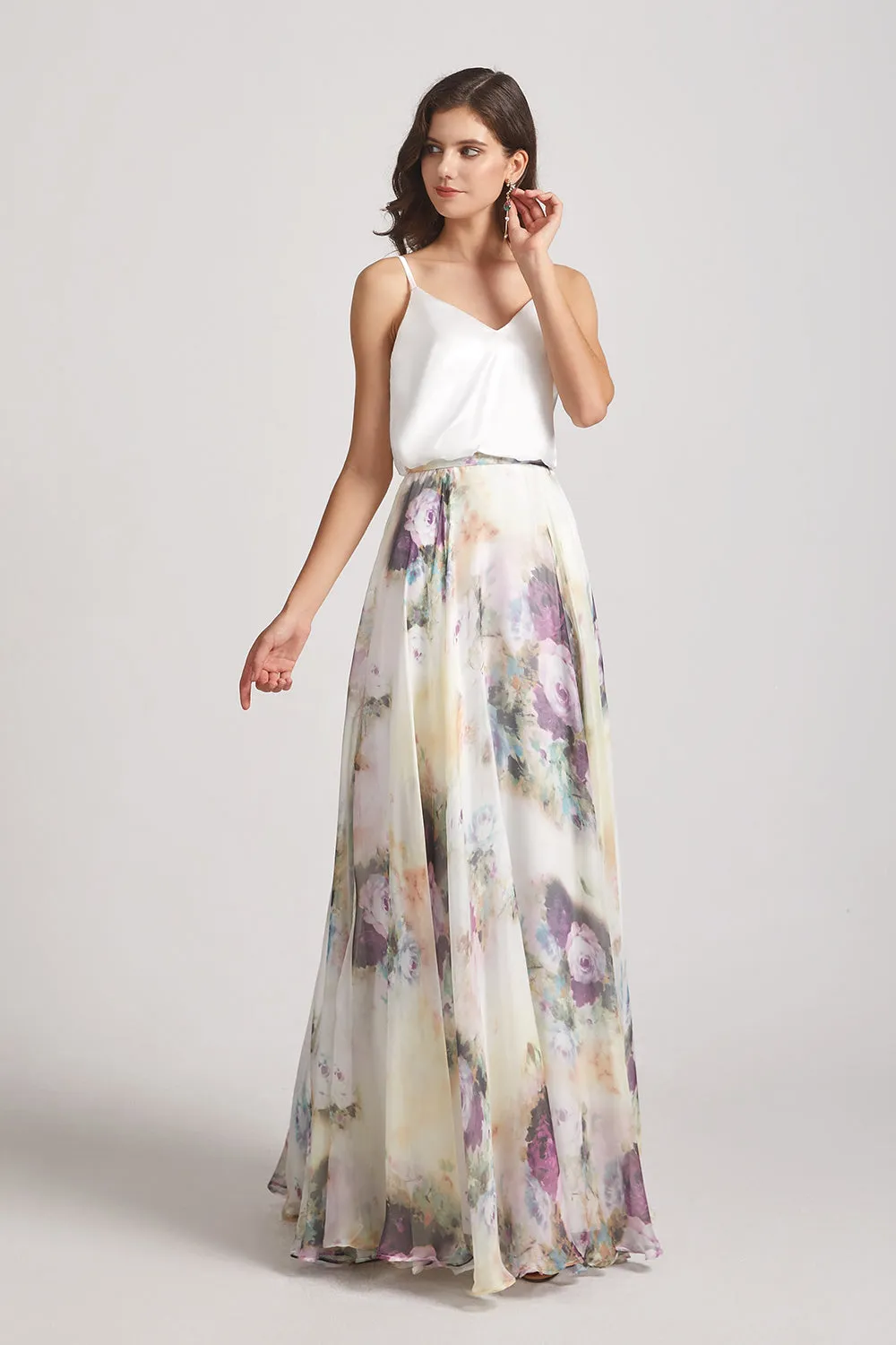 Spaghetti Straps Satin Top Floral Chiffon Maxi Dresses (AF0118)