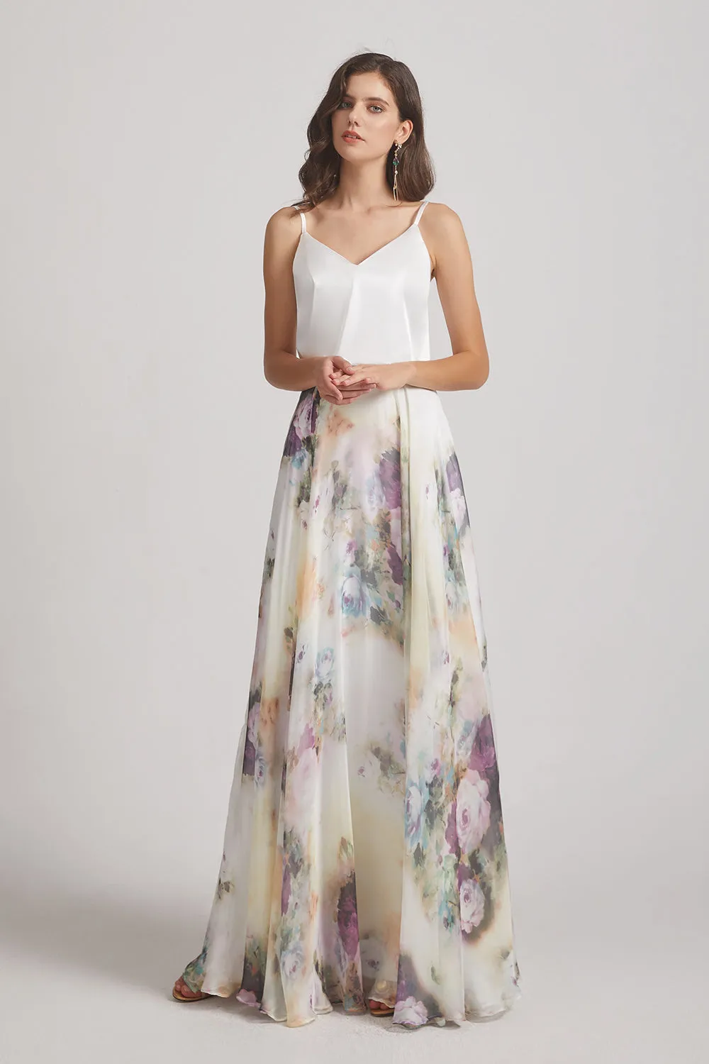 Spaghetti Straps Satin Top Floral Chiffon Maxi Dresses (AF0118)